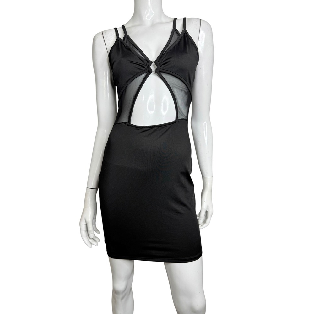 A3 Design Black Cut Out Mesh Bodycon Mini Dress Ring Detail Large